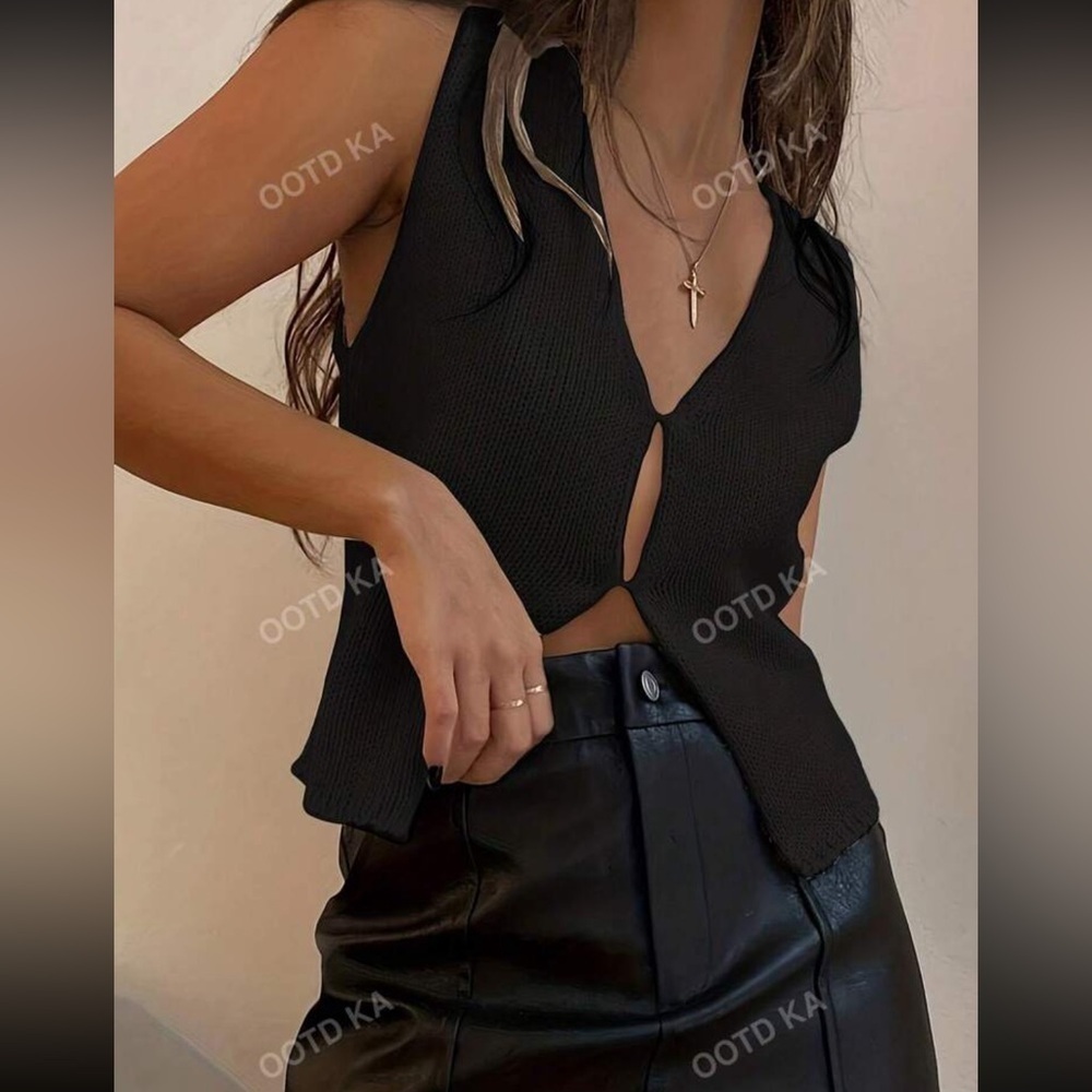 KNIT sweater vest with peek a boo front sleeveless sweater black size XL